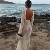 GORUNRUN-2024 SPRING AUTUMN OUTFITS Sexy Round Neck Bell Sleeve Backless Crochet Knit Maxi Dress