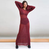 GORUNRUN-2024 SPRING AUTUMN OUTFITS Sexy Round Neck Bell Sleeve Backless Crochet Knit Maxi Dress