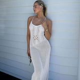 GORUNRUN-2024 SPRING AUTUMN OUTFITS Sexy Scoop Neck Backless Floral Cutout Fishtail Crochet Knit Maxi Sundress