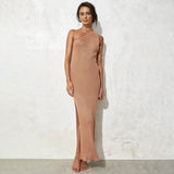 GORUNRUN-2024 SPRING AUTUMN OUTFITS Sexy Split Cutout One Shoulder Sleeveless Bodycon Rib Knit Maxi Dress