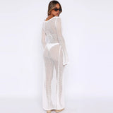 GORUNRUN-2024 SPRING AUTUMN OUTFITS Sexy Tie Neck Cutout Bell Sleeve Split See Through Crochet Knit Maxi Dress