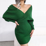 GORUNRUN-2024 SPRING AUTUMN OUTFITS Sexy V Neck Long Sleeve Ribbed Knit Mini Pullover Sweater Dress