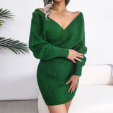 GORUNRUN-2024 SPRING AUTUMN OUTFITS Sexy V Neck Long Sleeve Ribbed Knit Mini Pullover Sweater Dress