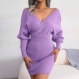 GORUNRUN-2024 SPRING AUTUMN OUTFITS Sexy V Neck Long Sleeve Ribbed Knit Mini Pullover Sweater Dress