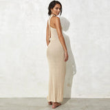 GORUNRUN-2024 SPRING AUTUMN OUTFITS Sultry One Shoulder Halter Sleeveless Cutout Maxi Cover Up Knit Dress