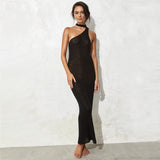 GORUNRUN-2024 SPRING AUTUMN OUTFITS Sultry One Shoulder Halter Sleeveless Cutout Maxi Cover Up Knit Dress