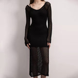 GORUNRUN-2024 SPRING AUTUMN OUTFITS Versatile Scoop Neck Long Sleeve Summer Openwork Crochet Knit Midi Dress