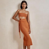 GORUNRUN-2024 SPRING AUTUMN OUTFITS Versatile Strapless Cutout Tie Waist Bodycon Summer Sweater Midi Dress