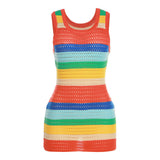 GORUNRUN-2024 SPRING AUTUMN OUTFITS Vibrant Rainbow Stripe Scoop Neck Openwork Crochet Knit Mini Tank Dress