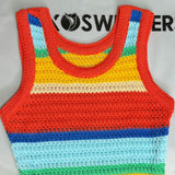 GORUNRUN-2024 SPRING AUTUMN OUTFITS Vibrant Rainbow Stripe Scoop Neck Openwork Crochet Knit Mini Tank Dress