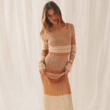 GORUNRUN-2024 SPRING AUTUMN OUTFITS Vibrant Striped Scoop Neck Long Sleeve Crochet Knit Maxi Dress