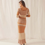 GORUNRUN-2024 SPRING AUTUMN OUTFITS Vibrant Striped Scoop Neck Long Sleeve Crochet Knit Maxi Dress