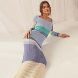 GORUNRUN-2024 SPRING AUTUMN OUTFITS Vibrant Striped Scoop Neck Long Sleeve Crochet Knit Maxi Dress