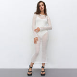 GORUNRUN-2024 SPRING AUTUMN OUTFITS Vintage Crew Neck Long Sleeve Sheer Openwork Crochet Knit Midi Dress