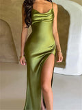 GORUNRUN-2024 Elegant Women Satin V-neck Low Cut  Spaghetti Strap Backless Ruched High Split Party Female Vestidos