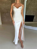 GORUNRUN-2024 Elegant Women Satin V-neck Low Cut  Spaghetti Strap Backless Ruched High Split Party Female Vestidos