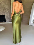 GORUNRUN-2024 Elegant Women Satin V-neck Low Cut  Spaghetti Strap Backless Ruched High Split Party Female Vestidos