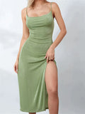 GORUNRUN-2024 Sexy Women Summer High Split  Solid Spaghetti Strap Square Neck Backless Slim  Female Vestidos