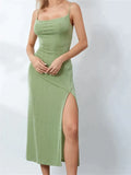 GORUNRUN-2024 Sexy Women Summer High Split  Solid Spaghetti Strap Square Neck Backless Slim  Female Vestidos