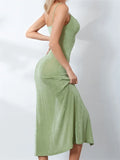 GORUNRUN-2024 Sexy Women Summer High Split  Solid Spaghetti Strap Square Neck Backless Slim  Female Vestidos