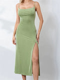 GORUNRUN-2024 Sexy Women Summer High Split  Solid Spaghetti Strap Square Neck Backless Slim  Female Vestidos