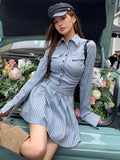 Gorunrun-hoco dresses -hoco dresses -Elegant Vintage Blue Striped Women Mini Dresses Autumn Fashion 2024 New Pleated Long Sleeve Holiday Party Shirt Dress Korean