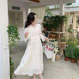 GORUNRUN-Elegant Chic Women White Midi Dress for Autumn 2024 New Chiffon Puff Long Sleeve V-neck Casual Office Lady Cute Fairy Dress