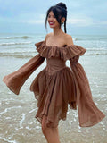 GORUNRUN  Retro Chic Brown Corset Pleated Summer Dress Off Shoulder Fashion Ruffles Patchwork Beach Women's Dress Sexy Sundress