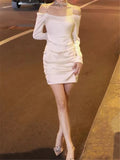 Gorunrun-hoco dresses -hoco dresses -New 2024 Korean Style Sexy Satin Mini Dress for Women Long Sleeved Spring Summer Fashion Elegant Ladies Party Birthday Dresses