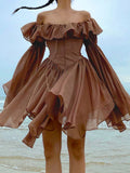 GORUNRUN  Retro Chic Brown Corset Pleated Summer Dress Off Shoulder Fashion Ruffles Patchwork Beach Women's Dress Sexy Sundress