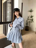 Gorunrun-hoco dresses -hoco dresses -Elegant Vintage Blue Striped Women Mini Dresses Autumn Fashion 2024 New Pleated Long Sleeve Holiday Party Shirt Dress Korean