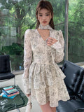 GORUNRUN-New Floral Women Slim Midi Dresses 2024 New Autumn Streetwear Long Sleeved V-neck Vintgae Elegant Ladies Waist Dress Korean