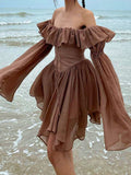 GORUNRUN  Retro Chic Brown Corset Pleated Summer Dress Off Shoulder Fashion Ruffles Patchwork Beach Women's Dress Sexy Sundress