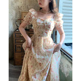 GORUNRUN-Summer 2024 Short Sleeve Floral Print Dress for Women Vintage Female High Waist Puff Sleeve Holiday Beach Dress Korean