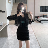 Gorunrun-hoco dresses -hoco dresses -Elegant Slim Mesh Dress Women for 2024 Autumn Fashion with Black Sunscreen Cardigan Korean Office Lady Mini Dresses Long Sleeved