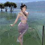 GORUNRUN-2024 New Summer Purple Sequin Set for Women Sexy Split Half-body Dress Beach Holiday Casual Elegant 2 Pieces Female Clothing