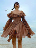 GORUNRUN  Retro Chic Brown Corset Pleated Summer Dress Off Shoulder Fashion Ruffles Patchwork Beach Women's Dress Sexy Sundress